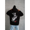 Erkek 3 İplik Pamuklu Kapüşonlu Baskılı Cepli Oversize Sweatshirt Hoodie - Siyah