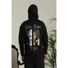 Erkek 3 İplik Pamuklu Kapüşonlu Baskılı Cepli Oversize Sweatshirt Hoodie - Siyah