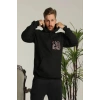 Erkek 3 İplik Pamuklu Kapüşonlu Baskılı Cepli Oversize Sweatshirt Hoodie - Siyah