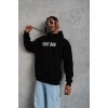 Erkek 3 İplik Pamuklu Kapüşonlu Baskılı Cepli Oversize Sweatshirt Hoodie - Siyah