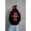 Erkek 3 İplik Pamuklu Kapüşonlu Baskılı Cepli Oversize Sweatshirt Hoodie - Siyah
