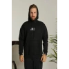 Erkek 3 İplik Pamuklu Kapüşonlu Baskılı Cepli Oversize Sweatshirt Hoodie - Siyah