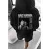 Erkek 3 İplik Pamuklu Kapüşonlu Baskılı Cepli Oversize Sweatshirt Hoodie - Siyah