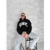 Erkek 3 İplik Pamuklu Kapüşonlu Baskılı Cepli Oversize Sweatshirt Hoodie - Siyah