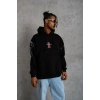 Erkek 3 İplik Pamuklu Kapüşonlu Baskılı Cepli Oversize Sweatshirt Hoodie - Siyah
