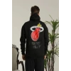 Erkek 3 İplik Pamuklu Kapüşonlu Baskılı Cepli Oversize Sweatshirt Hoodie - Siyah