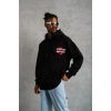 Erkek 3 İplik Pamuklu Kapüşonlu Baskılı Cepli Oversize Sweatshirt Hoodie - Siyah