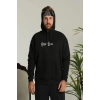 Erkek 3 İplik Pamuklu Kapüşonlu Baskılı Cepli Oversize Sweatshirt Hoodie - Siyah