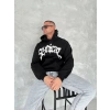 Erkek 3 İplik Pamuklu Kapüşonlu Baskılı Cepli Oversize Sweatshirt Hoodie - Siyah