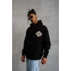 Erkek 3 İplik Pamuklu Kapüşonlu Baskılı Cepli Oversize Sweatshirt Hoodie - Siyah