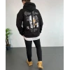 Erkek 3 İplik Pamuklu Kapüşonlu Baskılı Cepli Oversize Sweatshirt Hoodie - Siyah