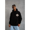 Erkek 3 İplik Pamuklu Kapüşonlu Baskılı Cepli Oversize Sweatshirt Hoodie - Siyah