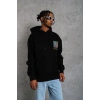 Erkek 3 İplik Pamuklu Kapüşonlu Baskılı Cepli Oversize Sweatshirt Hoodie - Siyah