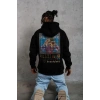 Erkek 3 İplik Pamuklu Kapüşonlu Baskılı Cepli Oversize Sweatshirt Hoodie - Siyah
