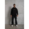 Erkek 3 İplik Pamuklu Kapüşonlu Baskılı Cepli Oversize Sweatshirt Hoodie - Siyah