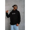 Erkek 3 İplik Pamuklu Kapüşonlu Baskılı Cepli Oversize Sweatshirt Hoodie - Siyah