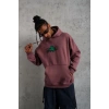 Erkek 3 İplik Pamuklu Kapüşonlu Baskılı Cepli Sweatshirt Hoodie - Gül Kurusu