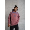 Erkek 3 İplik Pamuklu Kapüşonlu Baskılı Cepli Sweatshirt Hoodie - Gül Kurusu