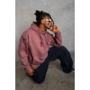 Erkek 3 İplik Pamuklu Kapüşonlu Baskılı Cepli Sweatshirt Hoodie - Gül Kurusu