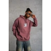 Erkek 3 İplik Pamuklu Kapüşonlu Baskılı Cepli Sweatshirt Hoodie - Gül Kurusu