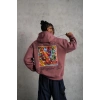 Erkek 3 İplik Pamuklu Kapüşonlu Baskılı Cepli Sweatshirt Hoodie - Gül Kurusu