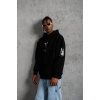 Erkek 3 İplik Pamuklu Kapüşonlu Kanguru Cepli Baskılı Oversize Hoodie Sweatshirt - Siyah