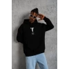 Erkek 3 İplik Pamuklu Kapüşonlu Kanguru Cepli Baskılı Oversize Hoodie Sweatshirt - Siyah