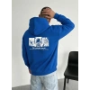 Erkek Baskılı Kapüşonlu Cepli Hoodie 3 İplik Pamuklu Sweatshirt - Saks Mavisi