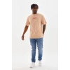 Erkek Baskılı T-Shirt Kısa Kol Bisiklet Yaka Rahat Kalıp Tişört  - Bej