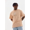 Erkek Baskılı T-Shirt Kısa Kol Bisiklet Yaka Rahat Kalıp Tişört - Bej