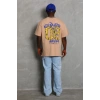 Erkek Baskılı Tişört Kısa Kol Bisiklet Yaka Oversize T-Shirt - Bej