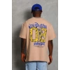 Erkek Baskılı Tişört Kısa Kol Bisiklet Yaka Oversize T-Shirt - Bej