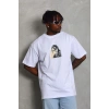 Erkek Baskılı Tişört Kısa Kol Bisiklet Yaka Oversize T-Shirt - Beyaz