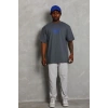 Erkek Baskılı Tişört Kısa Kol Bisiklet Yaka Oversize T-Shirt - Füme