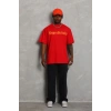 Erkek Baskılı Tişört Kısa Kol Bisiklet Yaka Oversize T-Shirt - Kırmızı