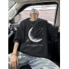 Erkek Baskılı Tişört Kısa Kol Bisiklet Yaka Oversize T-Shirt - - Siyah