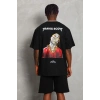 Erkek Baskılı Tişört Kısa Kol Bisiklet Yaka Oversize T-Shirt - Siyah