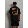 Erkek Baskılı Tişört Kısa Kol Bisiklet Yaka Oversize T-Shirt - Siyah