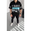 Erkek  Baskılı Yarım Fermuarlı  Kısa kol T-Shirt - Siyah