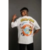 Erkek Bisiklet Yaka Baskılı Oversize Kısa kol T-Shirt - Beyaz