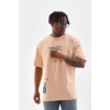Erkek  Bisiklet Yaka Baskılı Oversize T-Shirt - Bej