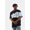 Erkek  Bisiklet Yaka Baskılı Oversize T-Shirt - Siyah