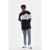 Erkek  Bisiklet Yaka Baskılı Oversize T-Shirt - Siyah
