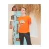 Erkek Bisiklet Yaka Tişört Nakış İşlemeli Kısa Kol Oversize T-Shirt - Turuncu