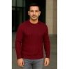 Erkek Bisiklet Yaka Triko Kazak Pamuklu Kalın Fitilli Dokuma Regular Fit - Bordo