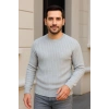 Erkek Bisiklet Yaka Triko Kazak Pamuklu Kalın Fitilli Dokuma Regular Fit - Gri