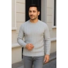 Erkek Bisiklet Yaka Triko Kazak Pamuklu Kalın Fitilli Dokuma Regular Fit - Gri