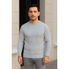 Erkek Bisiklet Yaka Triko Kazak Pamuklu Kalın Fitilli Dokuma Regular Fit - Gri