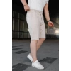 Erkek Diagonel Kumaş Duble Paça Cepli Bağcıklı Bel Lastikli ŞORT - Krem