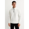 Erkek Dik Yaka Yarım Fermuarlı 3 İplik Pamuklu Sweatshirt - Beyaz